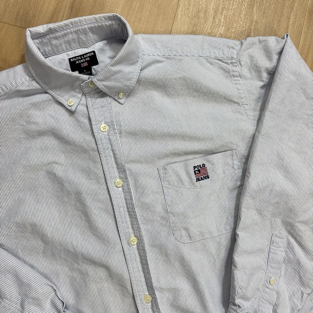 VTG Polo Jeans Co Ralph Lauren Button Up Shirt 90's Size Large Flag Logo Pocket